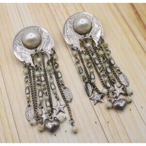 Dangle Earrings Faux Pearls Chains Heart Star Charms Vintage Silver-Tone Western
